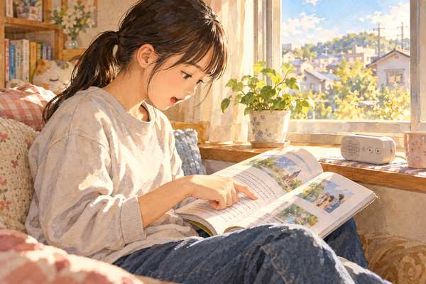 窓辺で英語の教科書を指でたどりながら音読する中学一年生