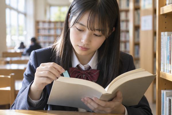 学校の図書室で小説を読み、心情の根拠になる描写に付箋を貼る高校生