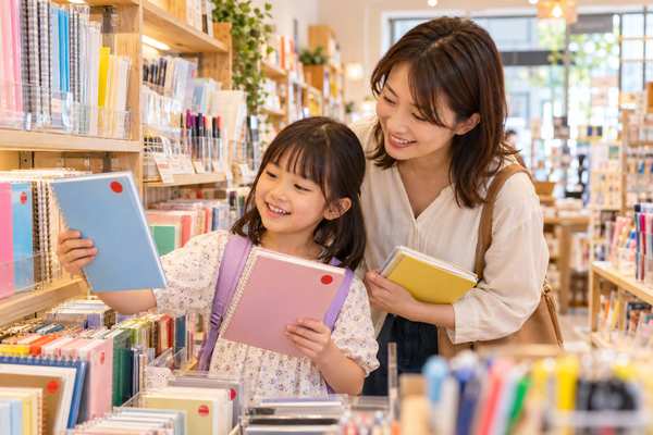 文具店で値札を見ながら、母親と小学生の子どもが一緒にノートを選んでいる様子