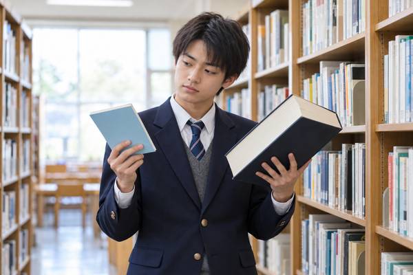 学校の図書室で、薄い基礎問題集と厚い応用書を見比べている高校生
