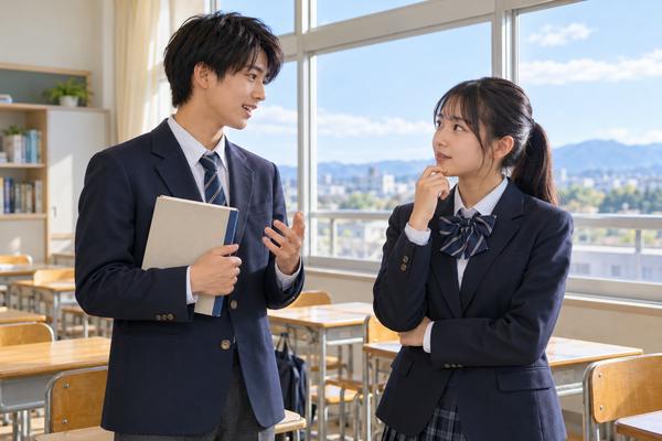 放課後の教室で、友人に句形の理由を声に出して説明している制服の高校生