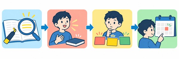 目印を探す・本を閉じて再現する・間違いを分類する・翌日に弱点だけ再テストする、の4段階を矢印でつないだ図解