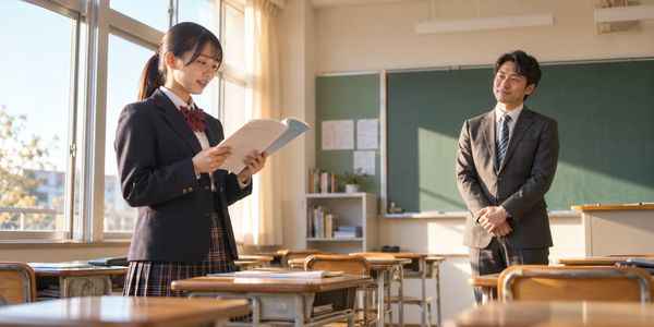 明るい教室で、プリントを手にした生徒が先生に向かって読み方と意味を声に出している場面