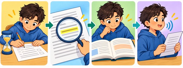 時間を測って解く、本文で根拠を探す、解説と照合する、音読するという4段階の使い方を順に並べた図解