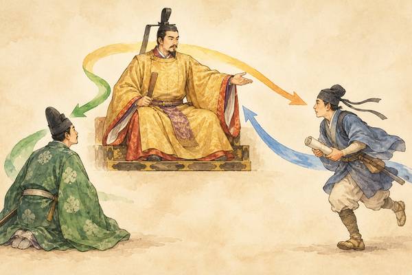 君主・家臣・使者の立場と向きを色分けした矢印で示した、漢文の人物関係の図