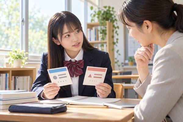 2枚の解答例を見比べ、どちらが上かを先生に質問する制服の高校生