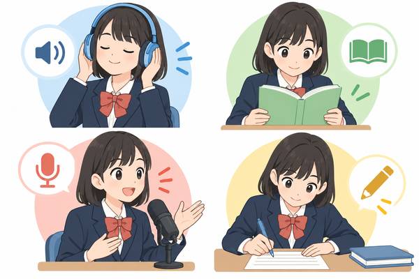 ヘッドホンで聞く、本を読む、マイクに向かって話す、ペンで書くという4場面を並べた中学生のイラスト