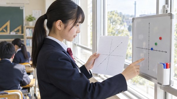 中学生が自分で描いた座標のグラフと、ホワイトボードに打った点を見比べて関数の対応を確かめている教室の様子