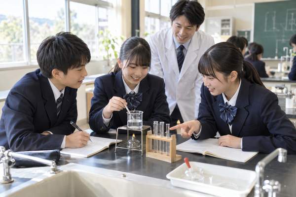 理科室で実験をしながら話し合う制服の中学生3人と見守る白衣の先生