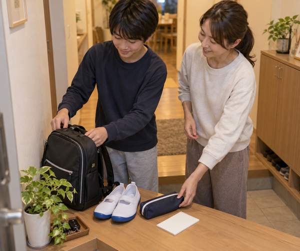 玄関で、中学生の息子が通学カバンを開け、母親が筆箱と上履きを一緒に並べている前夜の準備