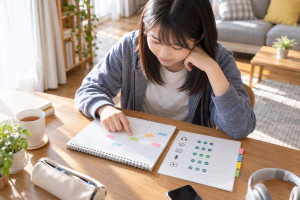 自宅で一週間の学習カレンダーと聞き取りの記録シートを見比べる私服姿の高校生