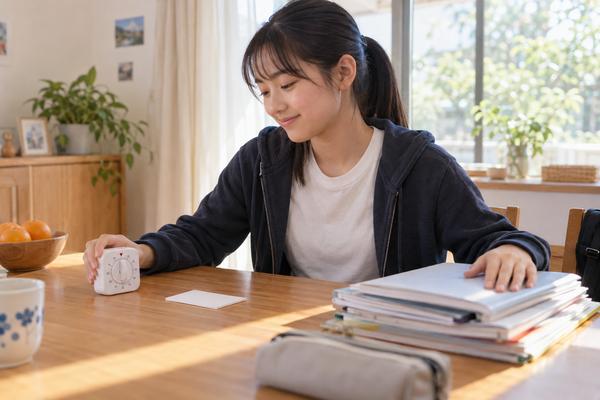 自宅のダイニングでタイマーをセットし、次にやる一問を選ぶ私服姿の生徒