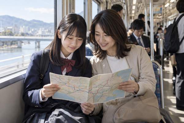 電車の中で路線図を広げ高校までの通学ルートを確かめる親子