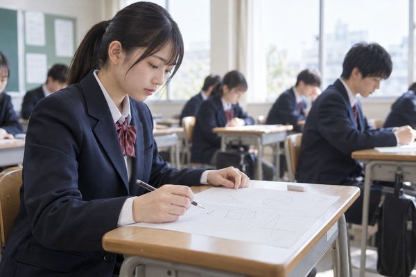 試験中に問題用紙を見渡し、解ける問題から手をつけている高校生