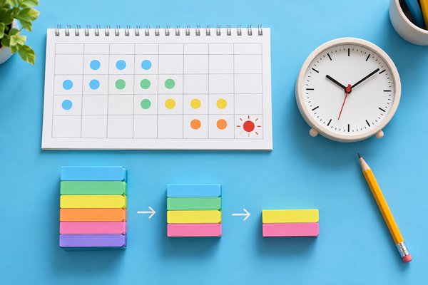 テスト日を示したカレンダーと時計、残り日数に合わせて減らしていく三段階の付箋