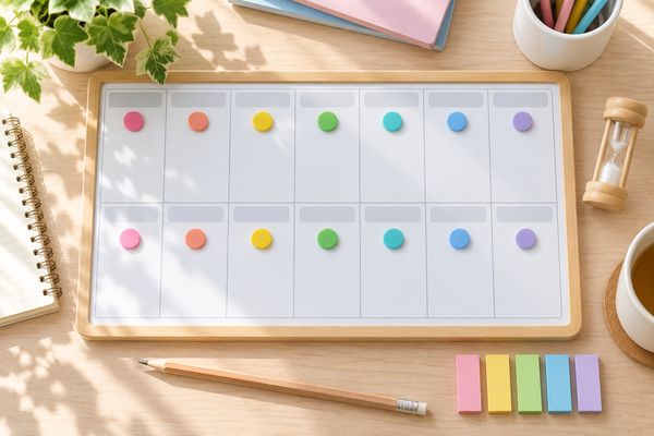 14日分のマス目に色違いの磁石を並べた週間ボードと砂時計を、机の上に置いた様子