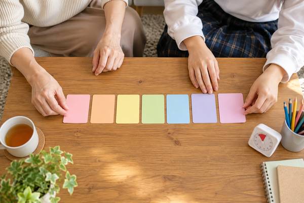 リビングのテーブルで、親子の手が7枚の色付きカードを一週間分に並べている様子