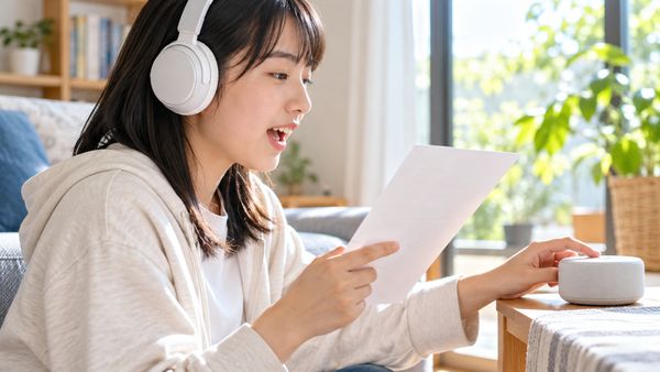 自宅の窓辺でヘッドホンを着け、音声を止めて英文を声に出して読んでいる高校生