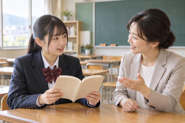 放課後の教室で古典の本を音読し、読み方を先生に確認してもらっている高校生