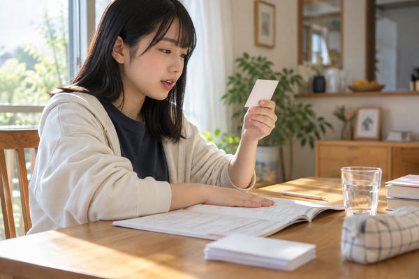 自宅のテーブルで問題集を開き、カードを手に句法の読みを声に出して再現している高校生