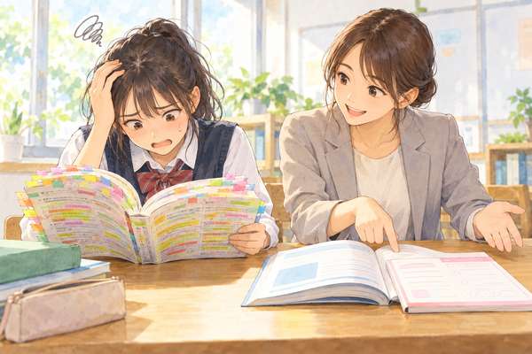 線を引きすぎた参考書に困る生徒へ、別の教科書と問題集を示す家庭教師のイラスト