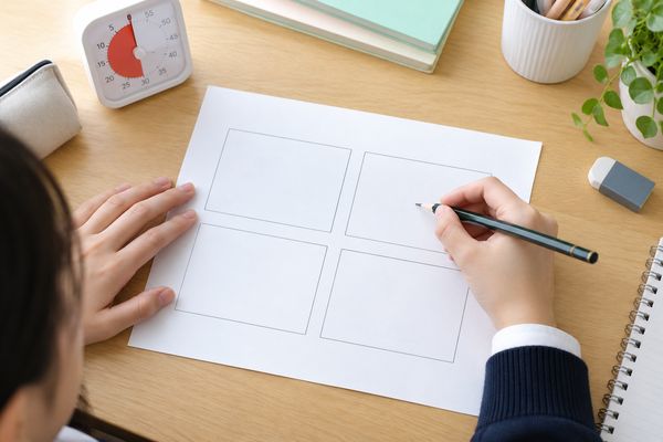 白い紙に四つの枠を描き、場面ごとに本文を書き出そうとしている生徒の手元