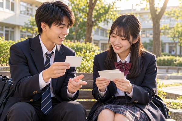 放課後の中庭のベンチで、制服の高校生二人がカードを見せ合いながら例文を確かめている場面