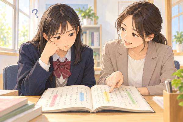 机に広げた漢文の本を先生と一緒に見ながら、どこで止まったかを確かめている高校生