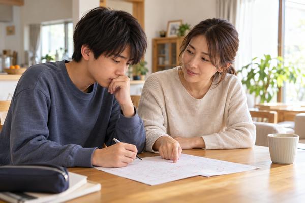 自宅のダイニングで、間違えた問題の原因を保護者と一緒に落ち着いて見直している高校生