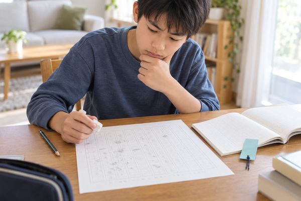 自宅の机で漢文のプリントの前に手を止め、どこで間違えたかを考え込む中学生