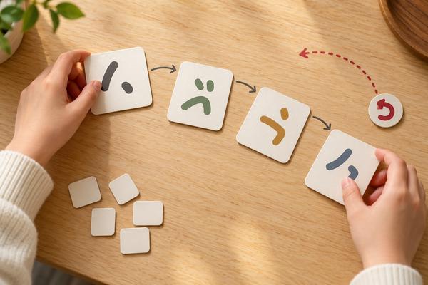 漢字カードを読む順番に並べ替え、返って読む位置を赤い矢印で示す手元