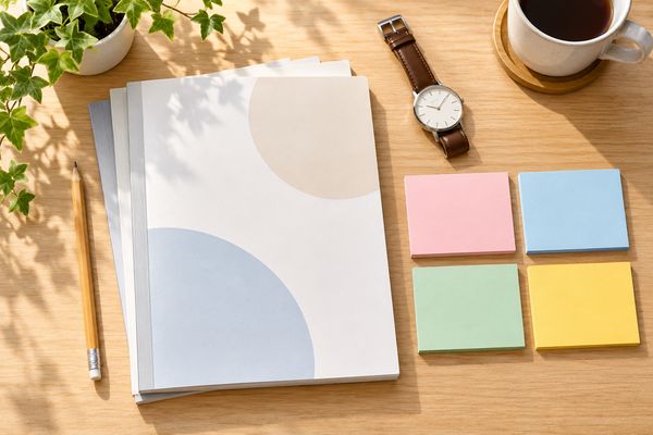 模試の問題冊子と腕時計の横に、失点を4種類へ分けるための4色のカードを並べた机