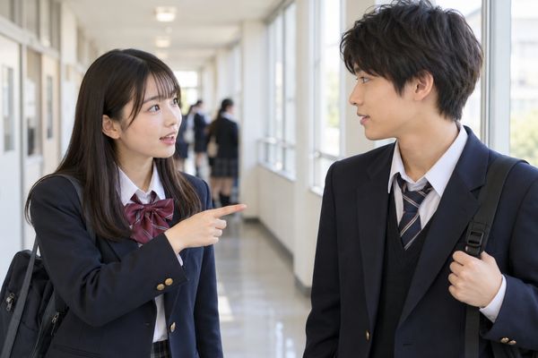 学校の廊下で向かい合い、相手を指し示して話しかける2人の高校生