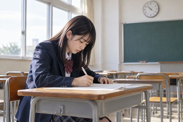 教室の時計を横に、時間を測って漢文の問題を解く高校生