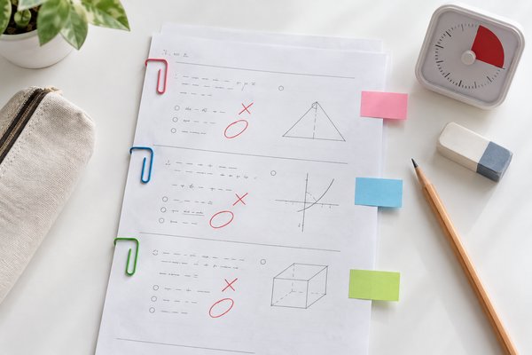 返却された答案を3つのブロックに分け、色違いのクリップと付箋で間違いの種類を仕分けた机の上