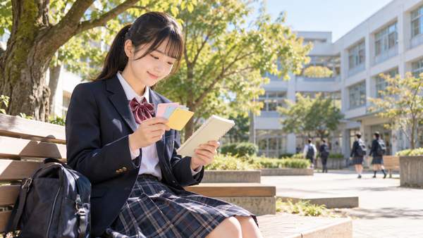 校庭のベンチで短い例文カードとノートを見ながら、漢文の文法を確認している制服姿の高校生