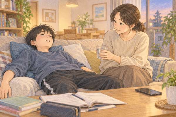 ソファでぐったりしている中学生と、水の入ったコップを差し出す保護者のイラスト