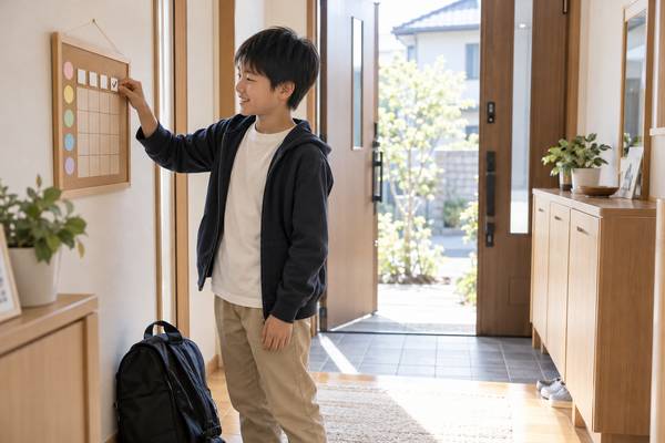 登校前の玄関で、週ごとの振り返りボードにチェックを入れている中学1年生の男子