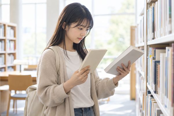 図書館の棚の前で薄い問題集と厚い解説書を見比べ、役割で教材を選んでいる高校生