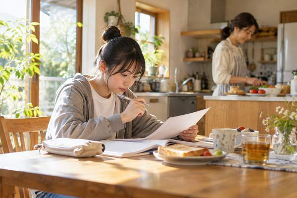 朝のテーブルで現代文の問題文に向かい、7日間の練習を続ける高校生