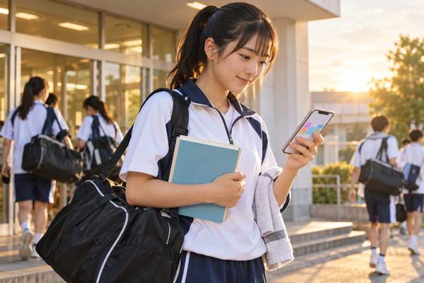 部活帰りに単語帳を抱えたまま、スマートフォンでその日の予定を確かめている高校生