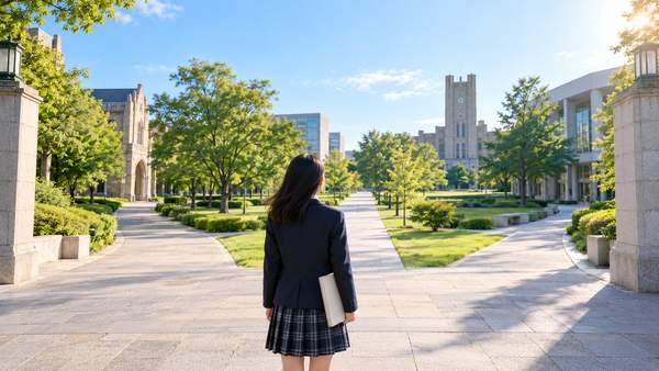 大学のキャンパスで三方向に分かれた通路の前に立ち、志望校の校舎を見ている制服の高校生