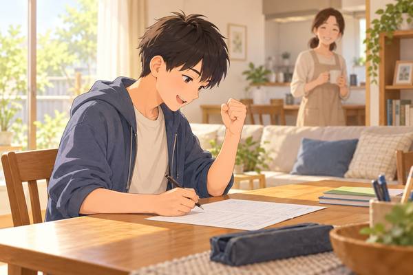 自宅のテーブルで漢文の練習問題を解き終え、小さくガッツポーズをする中高生のイラスト