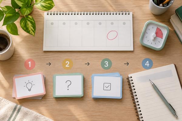 カレンダーの再確認日の丸印、取り返す問題カード3枚、学校ワーク、タイマーを並べた返却後1週間の計画