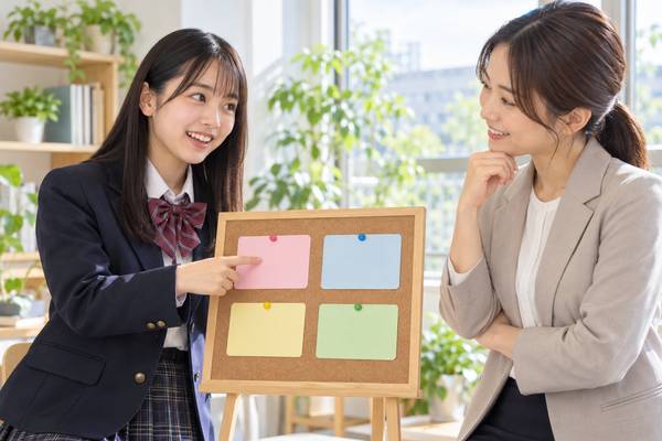 4色のカードを貼ったボードの前で、誤答の種類を講師と一緒に確かめる高校生