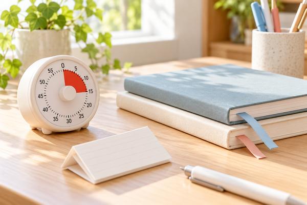 学習タイマーとノートを机に並べ、1回の勉強を短く区切る準備をしたところ