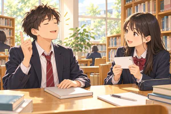 本を閉じて句法を言う生徒と、カードで答え合わせをする友人
