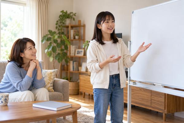 教科書を閉じたままホワイトボードの前で流れを説明する生徒