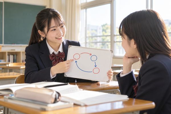 小型ホワイトボードに書いた対応関係を友人に説明しながら、書き下し文と現代語訳を確かめ合う高校生