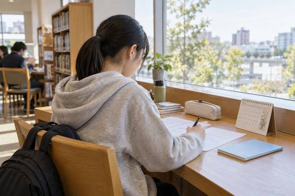 明るい図書館の窓際で、カレンダーと閉じた解答冊子を横に置き、数日後に同じ問題へ再挑戦する中学生